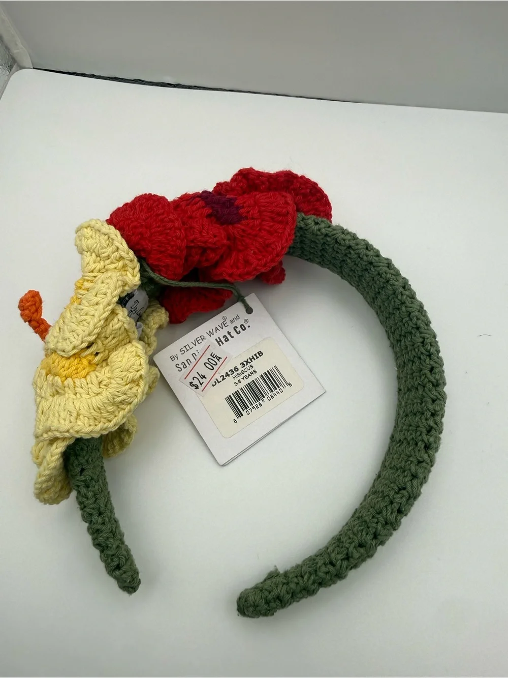 Handmade Crochet Floral Headband in Green with Red & Yellow Flowers